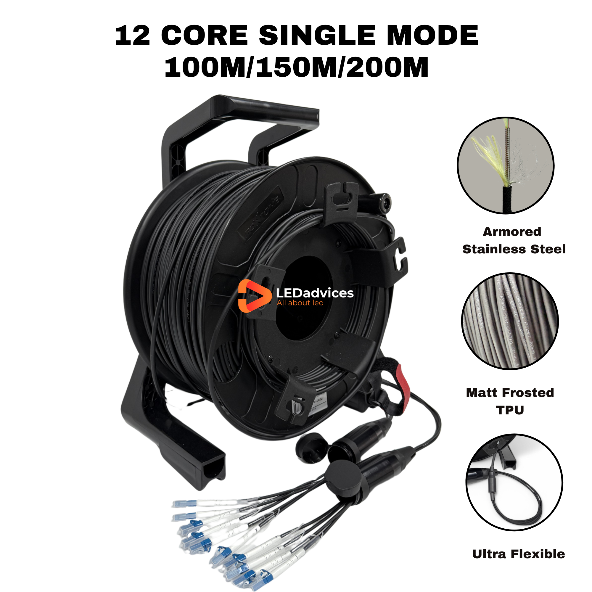 12-Core Single Mode SM Matt Frosted TPU Armored Tactical Fiber Optic Cable LC-LC, Black