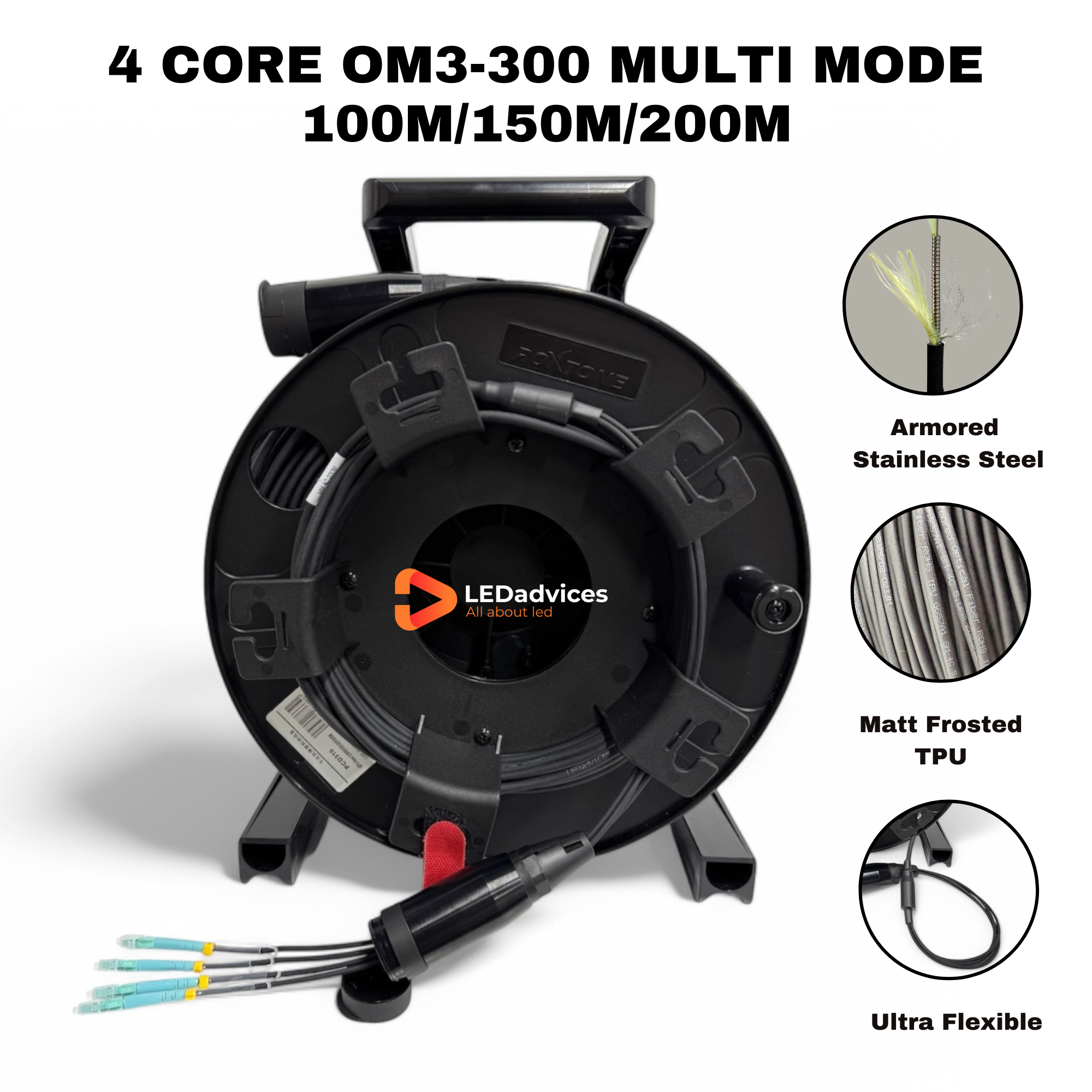4-Core OM3 Multimode Matt Frosted TPU Armored Tactical Fiber Optic Cable 100m 200m 300m