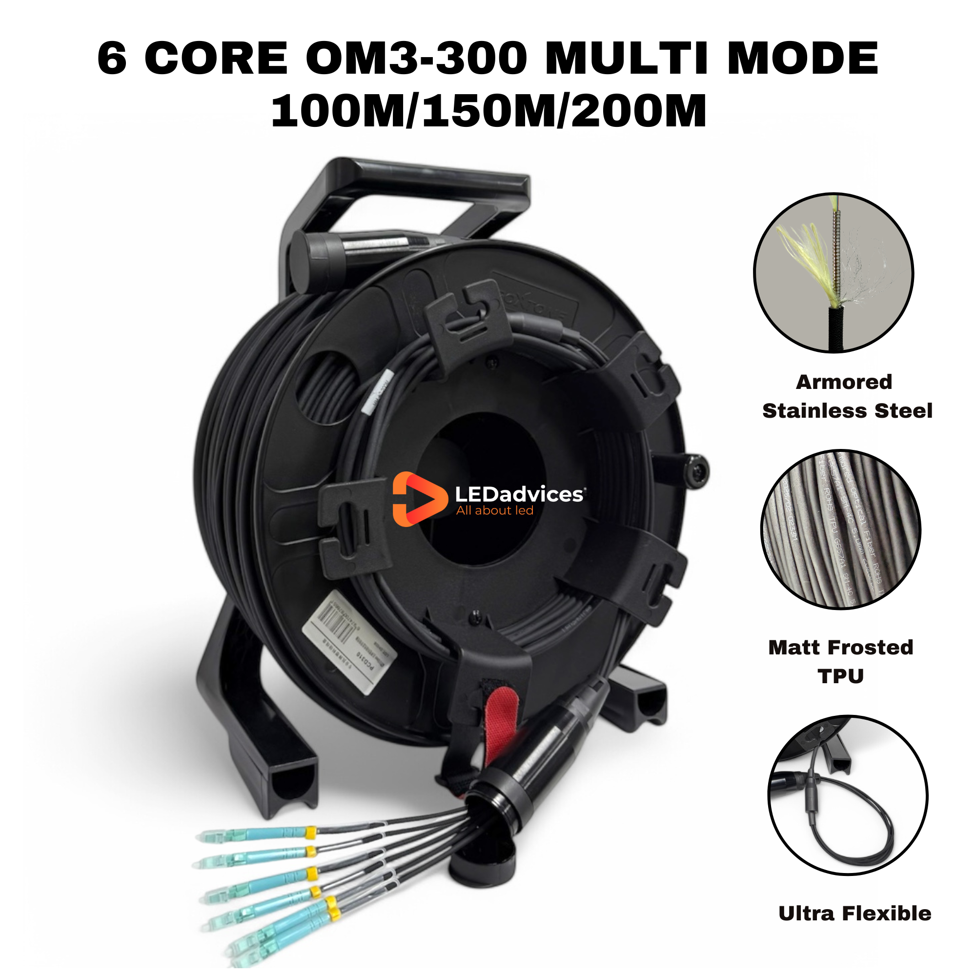 6-Core OM3 Multimode Matt Frosted TPU Armored Tactical Fiber Optic Cable 100m 200m 300m