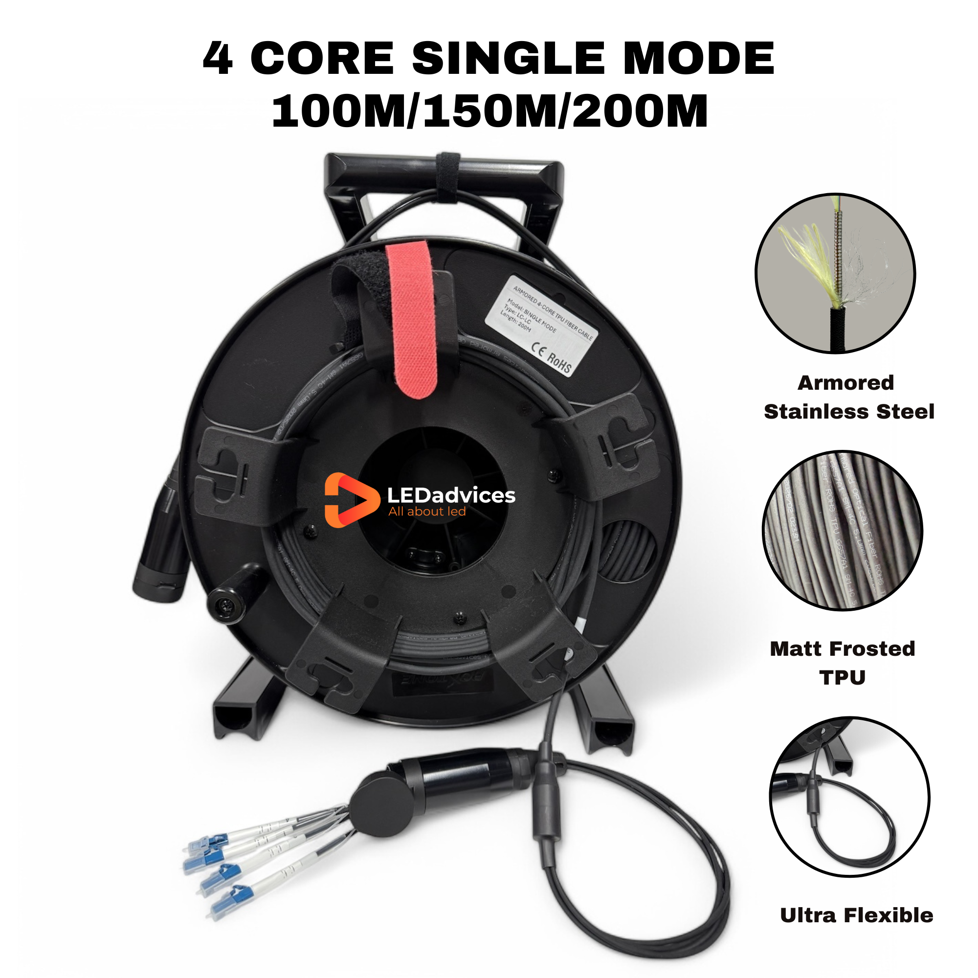 4-Core Single Mode SM Matt Frosted TPU Armored Tactical Fiber Optic Cable LC-LC