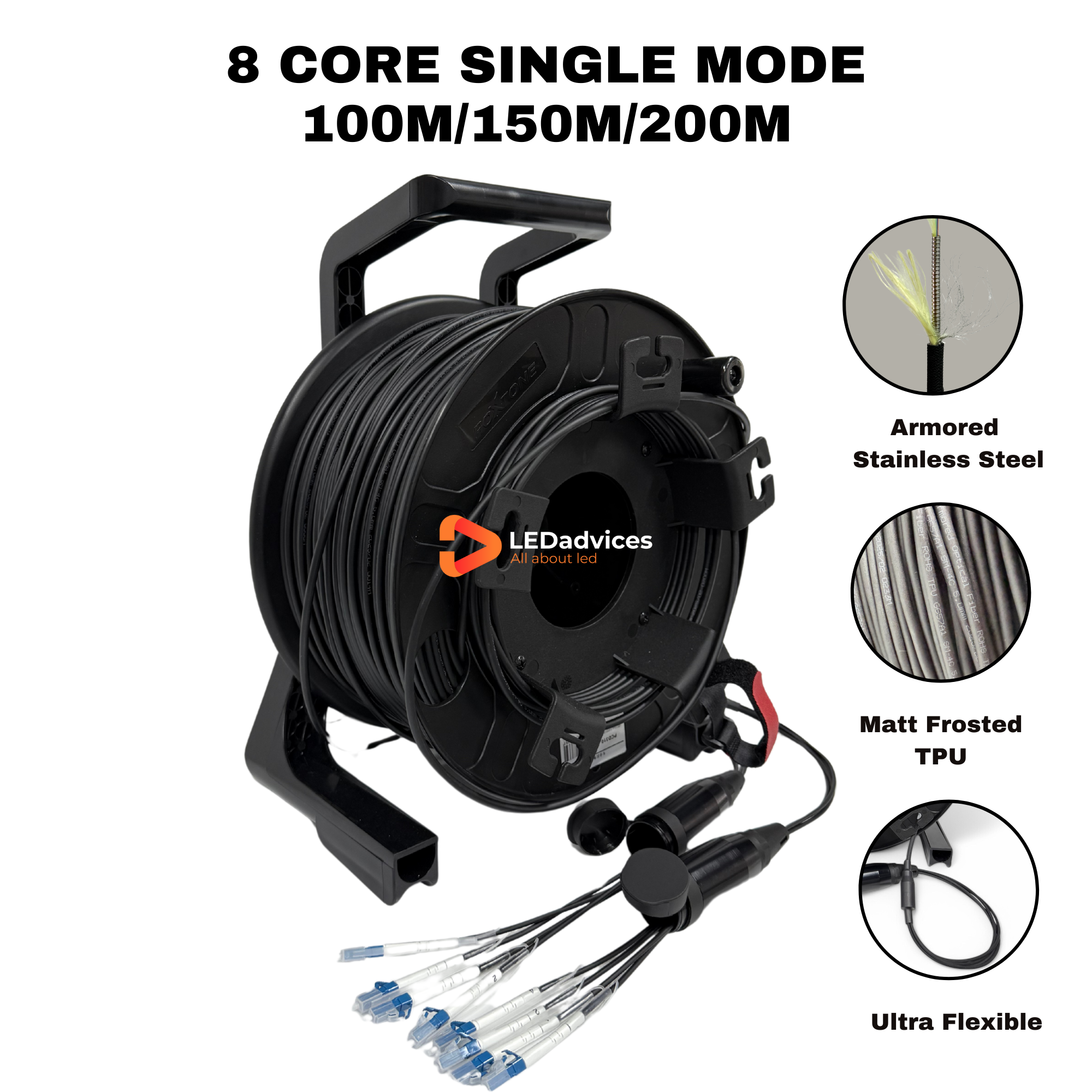 8-Core Single Mode SM Matt Frosted TPU Armored Tactical Fiber Optic Cable LC-LC, Black