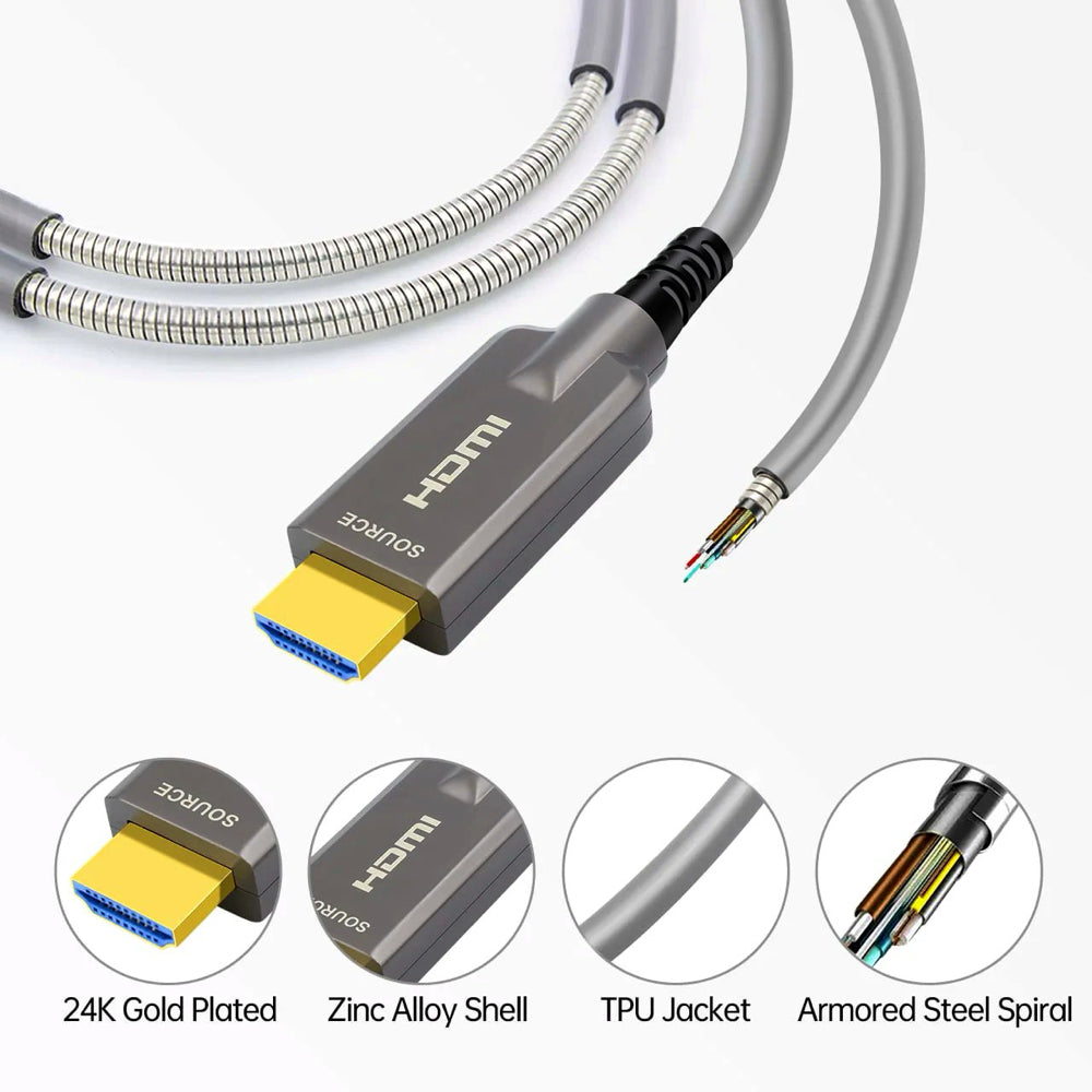 8K HDMI 2.1 Active Optical Cable – 48Gbps, 150m, Armored Fiber, Gold-Plated Connector, HDR10, HDCP2.3