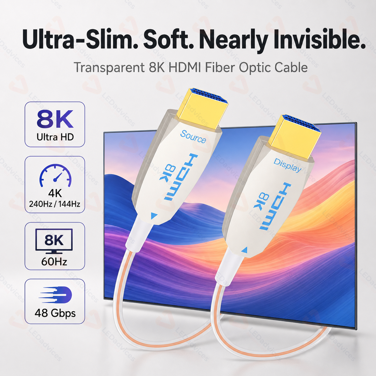 Ultra-Slim Transparent 8K HDMI 2.1 Active Optical Cable (AOC) – 48Gbps High-Speed Fiber Optic HDMI Cord (1m to 8m)
