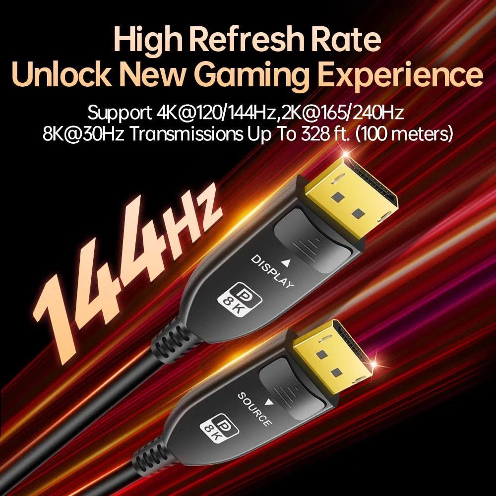 Armored DisplayPort 1.4 AOC Active Optical Cable DP1.4 8K 32.4Gbps 8K@60Hz,4K@144Hz, Blue-Ray, 3D Video, Projector VR