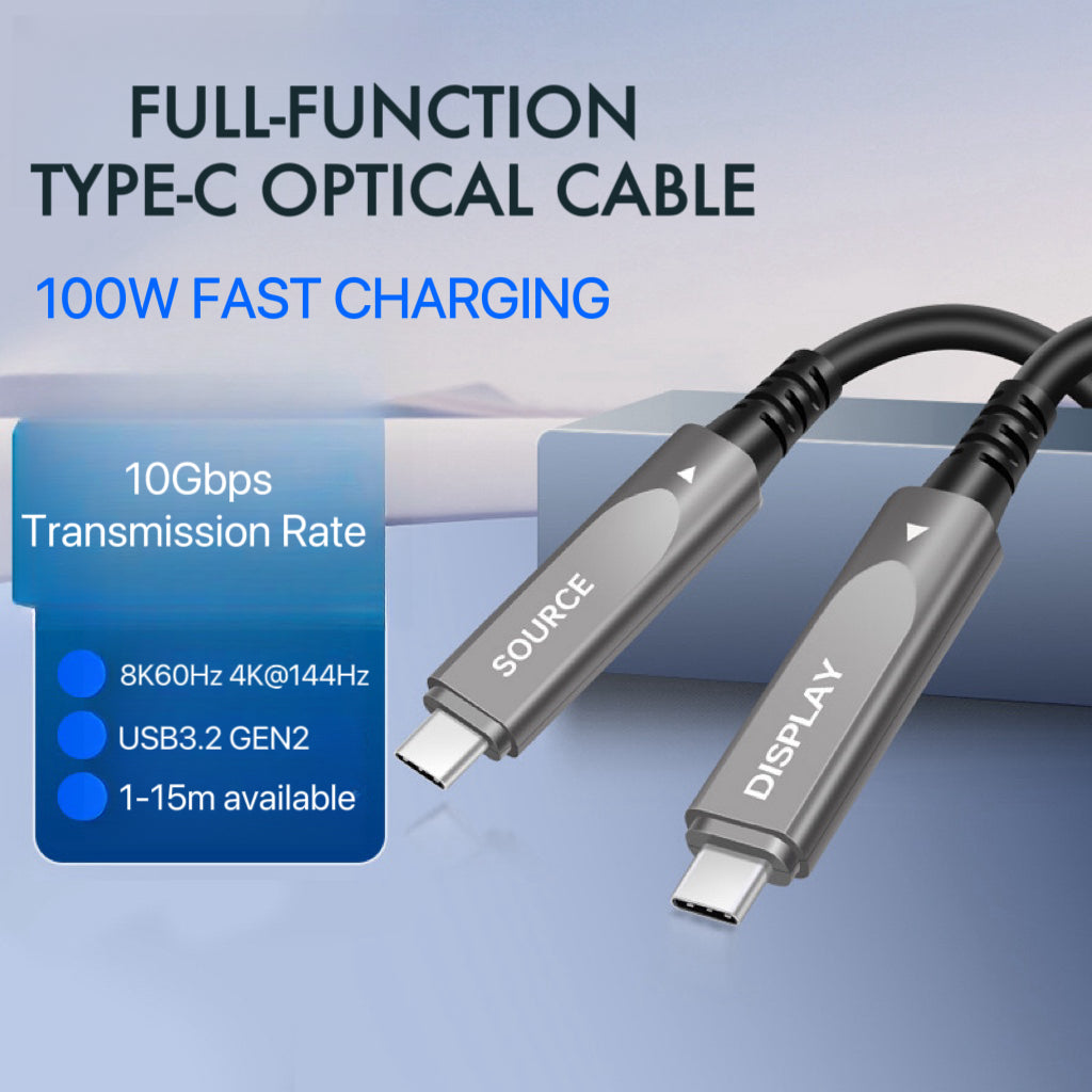 15m 10Gbps All-in-one Type-C USB3.2 GEN2 Optical Fiber Cable Fast Charge 8K@60 4K@144Hz/120Hz for VR, Switch, iPhone, MacBook