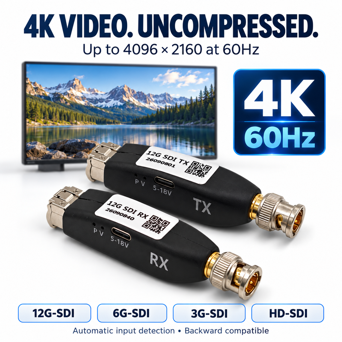 Mini 12G-SDI Fiber Optic Converter TX/RX Set — 4K 60Hz, Simplex LC