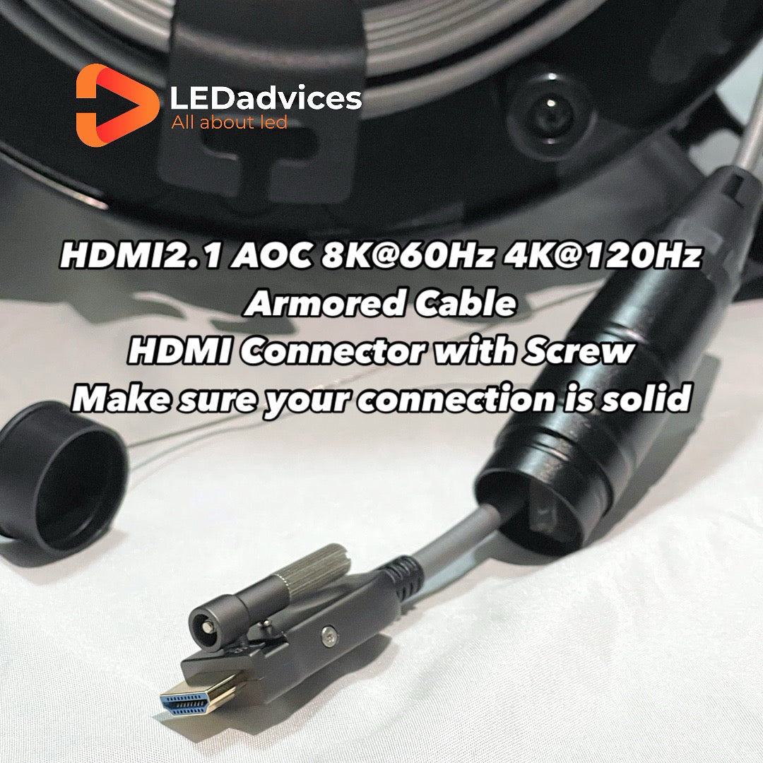8K HDMI 2.1 Active Optical Cable – Locking Screw Connector, 48Gbps, 150m, Armored Fiber, HDR10, HDCP2.3