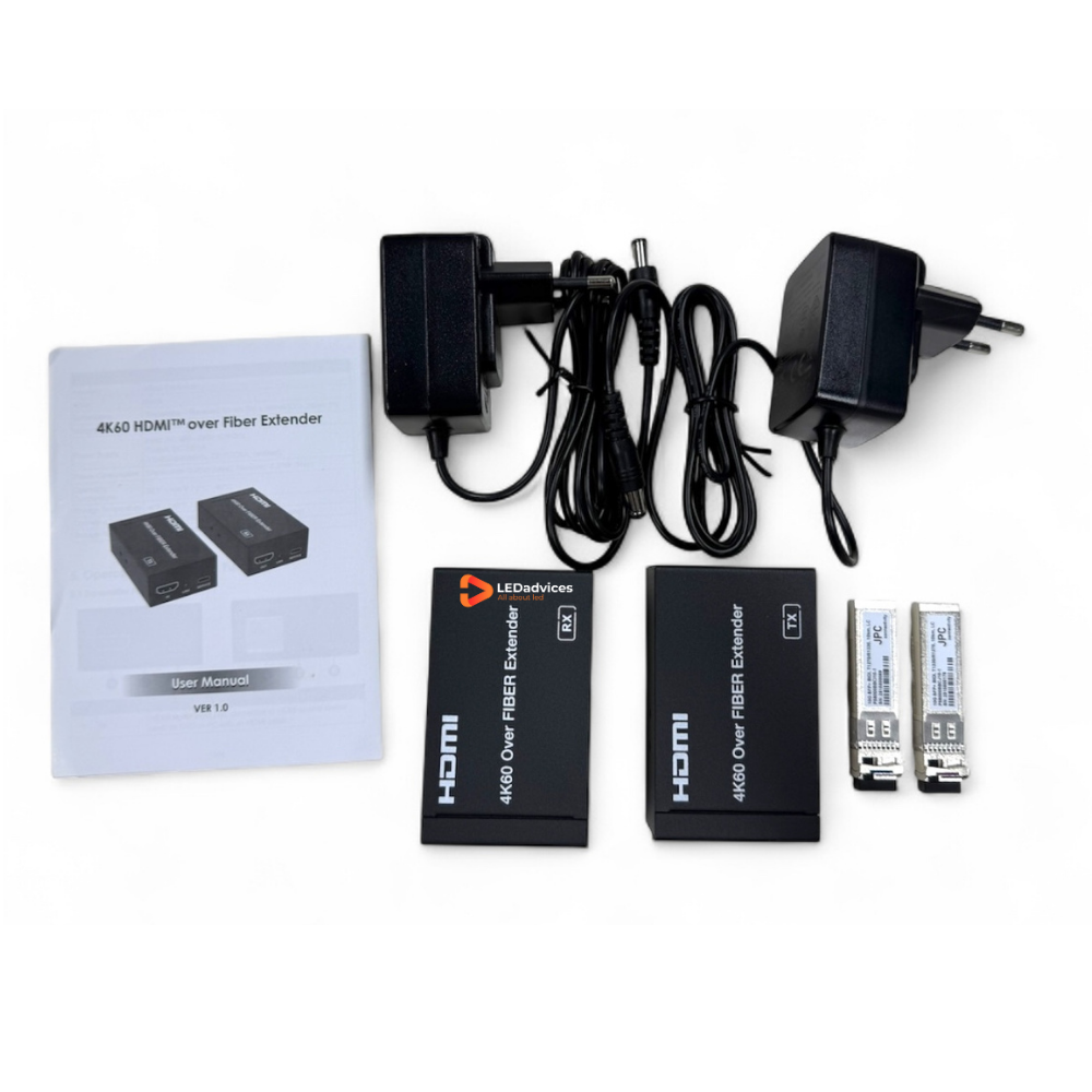4K60 HDMI over Fiber Extender HDMI 2.0b & HDCP 2.2, Up to 10km via Single-Mode Fiber / 300m via Multi-Mode Fiber, HDR10+, Dolby Vision, SFP+ LC Connector, TX & RX Kit