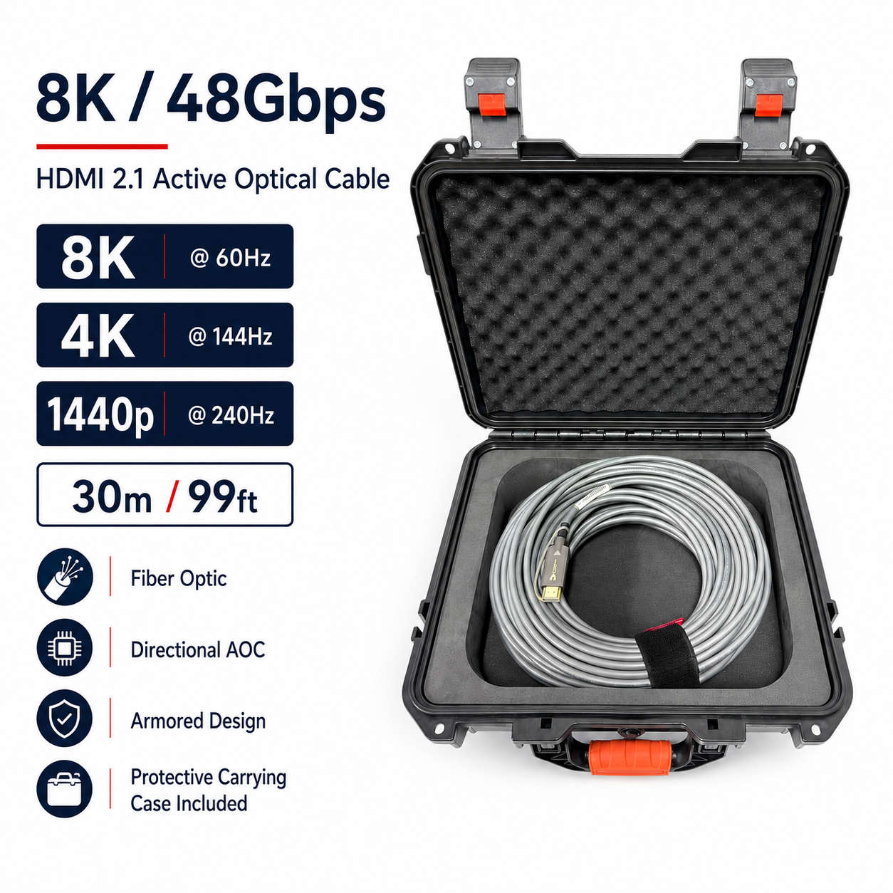 8K HDMI 2.1 Armored Active Optical Cable with Protective Carrying Case – 30m / 99ft, 48Gbps, 8K@60Hz, 4K@144Hz