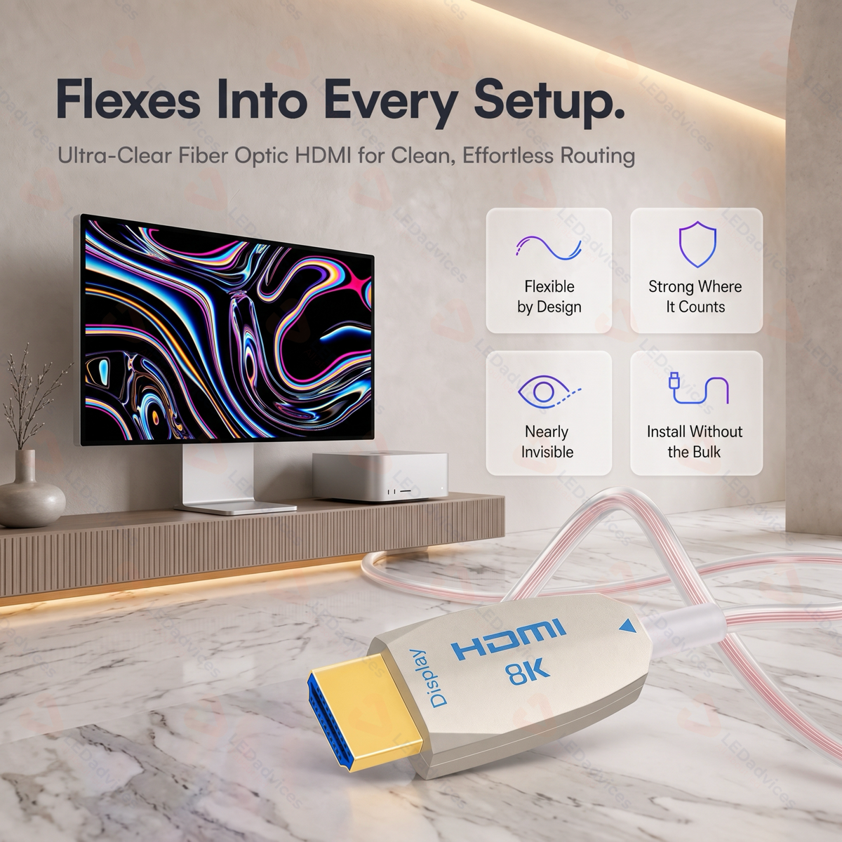Ultra-Slim Transparent 8K HDMI 2.1 Active Optical Cable (AOC) – 48Gbps High-Speed Fiber Optic HDMI Cord (1m to 8m)