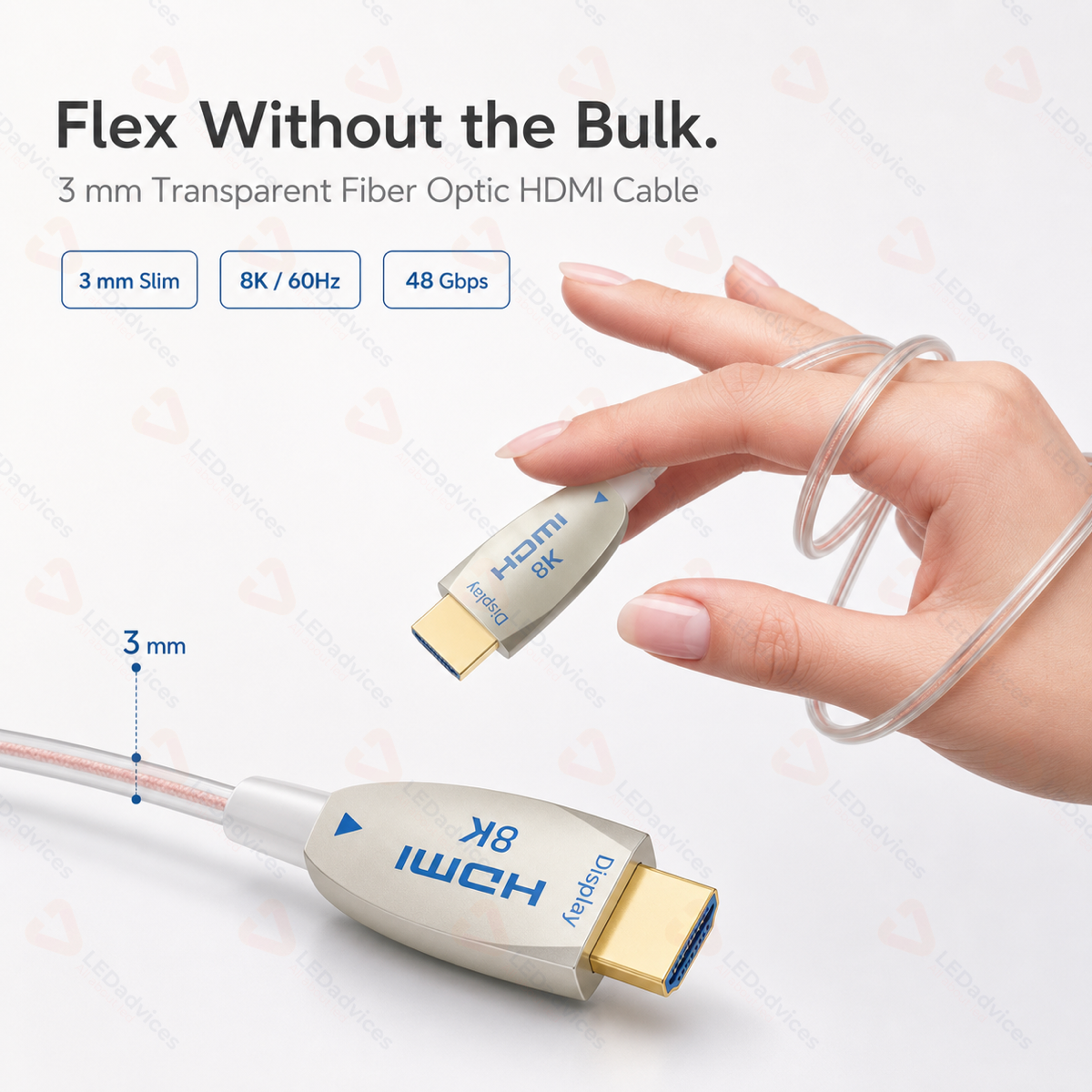 Ultra-Slim Transparent 8K HDMI 2.1 Active Optical Cable (AOC) – 48Gbps High-Speed Fiber Optic HDMI Cord (1m to 8m)