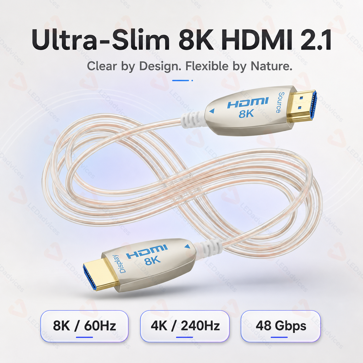 Ultra-Slim Transparent 8K HDMI 2.1 Active Optical Cable (AOC) – 48Gbps High-Speed Fiber Optic HDMI Cord (1m to 8m)
